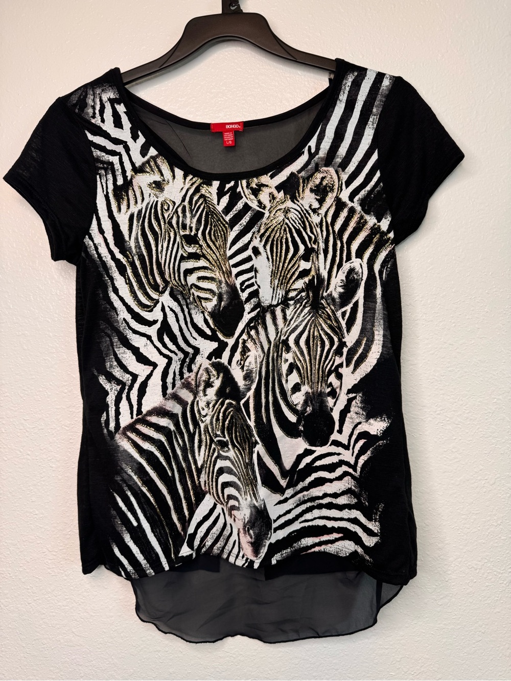 VTG Y2K 00s Black Zebra Graphic Top Bongo L Partially Sheer Chiffon Back
